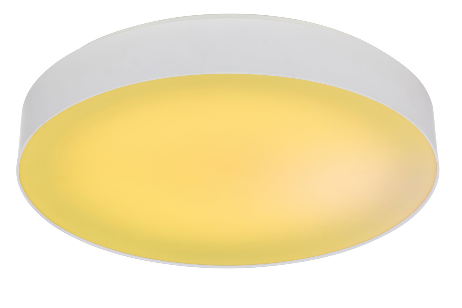 Ronde plafondlamp met witte behuizing en warmgele diffuser, gezien schuin van onderen (onderaanzicht)