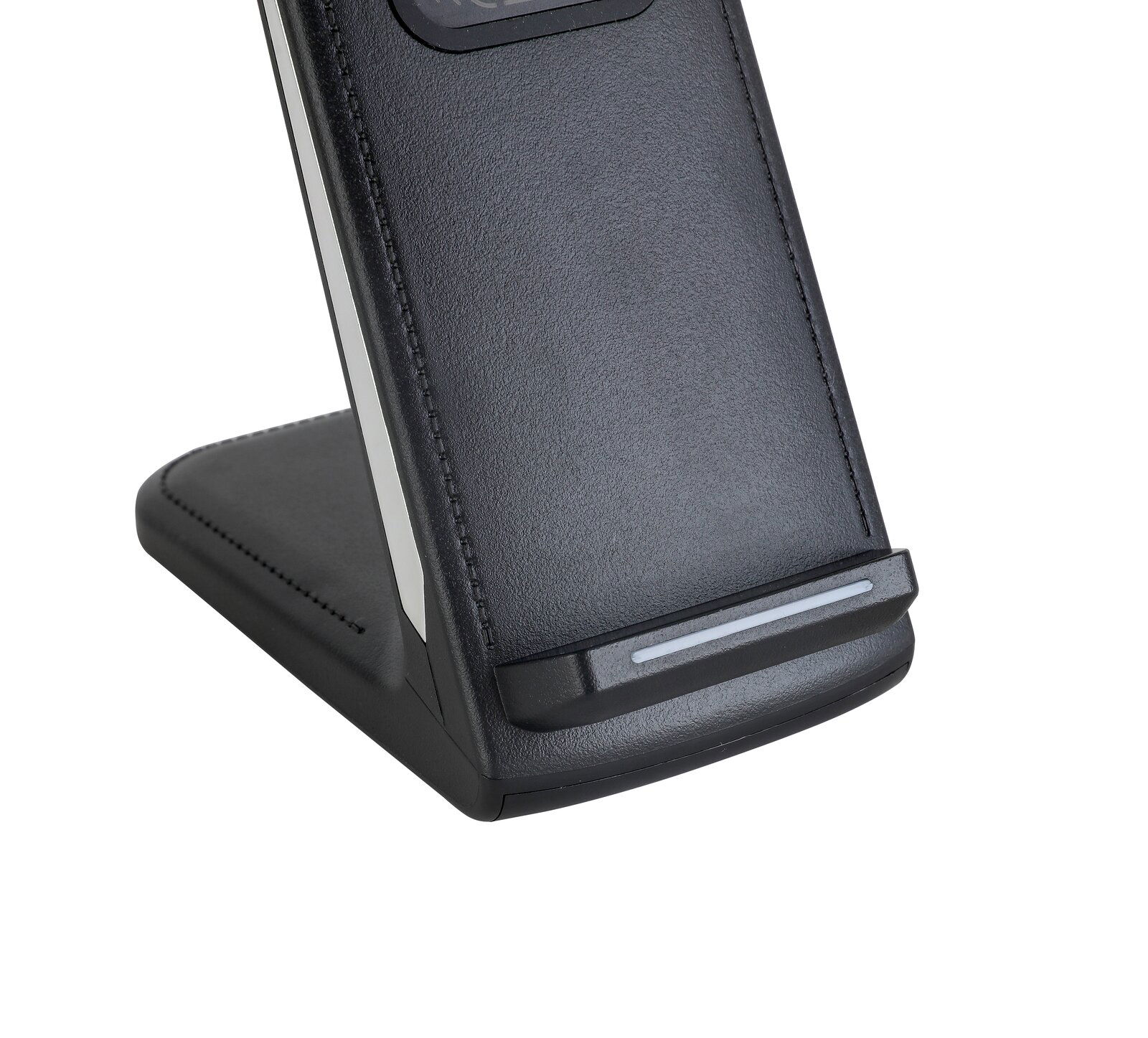 Nahaufnahme einer schwarzen LED-Schreibtischleuchte mit modernem Design und seitlicher Perspektive.