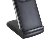 Nahaufnahme einer schwarzen LED-Schreibtischleuchte mit modernem Design und seitlicher Perspektive.