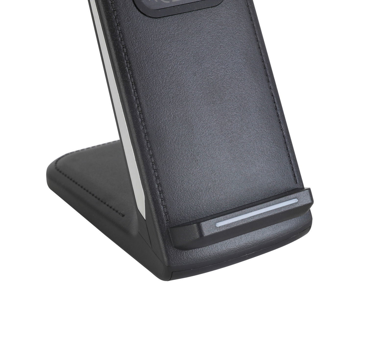 Nahaufnahme einer schwarzen LED-Schreibtischleuchte mit modernem Design und seitlicher Perspektive.