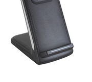 Nahaufnahme einer schwarzen LED-Schreibtischleuchte mit modernem Design und seitlicher Perspektive.