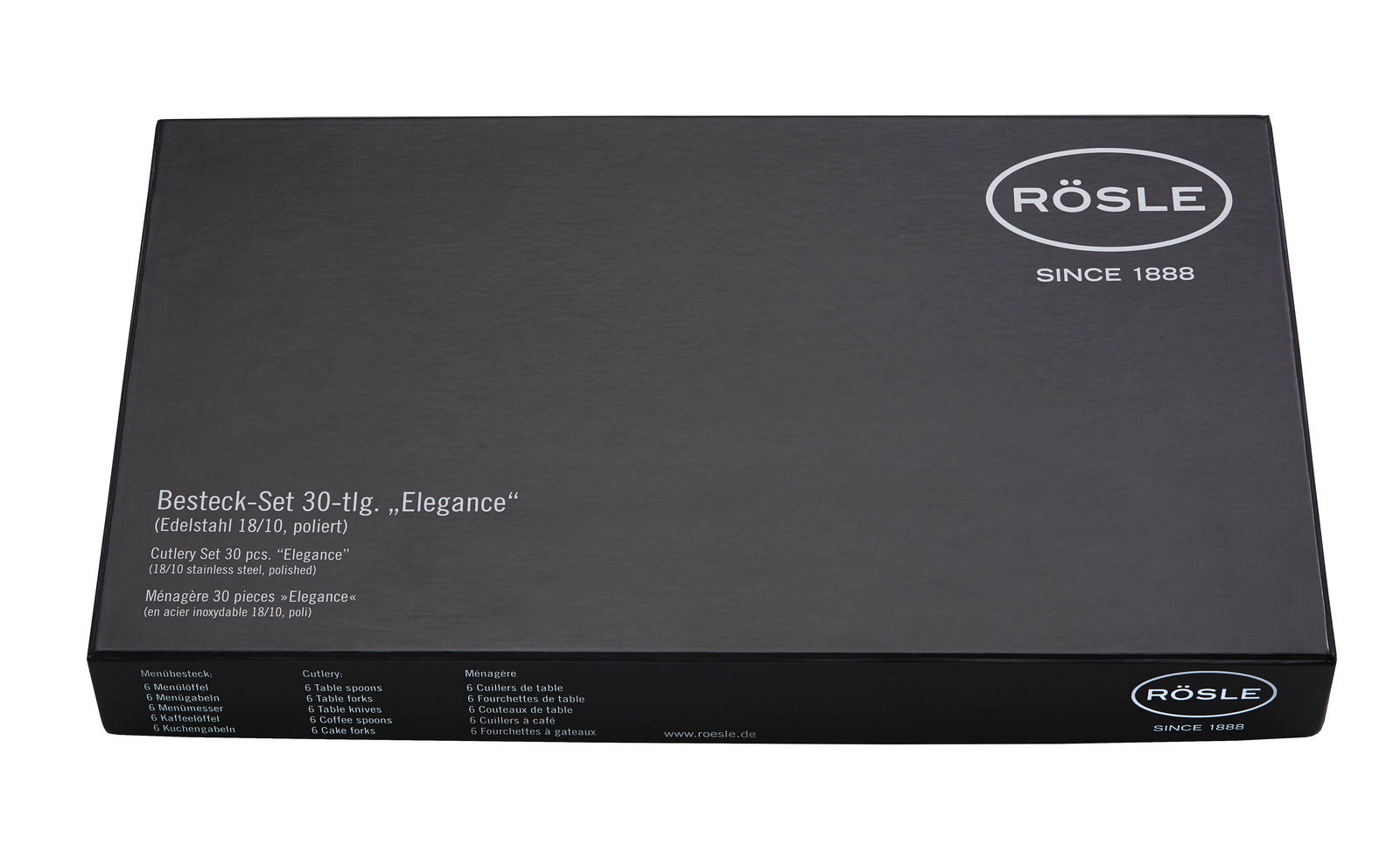 Schwarze Verpackung des Besteck-Sets 'Elegance' von Rösle, 30-teilig, aus poliertem Edelstahl 18/10, Draufsicht