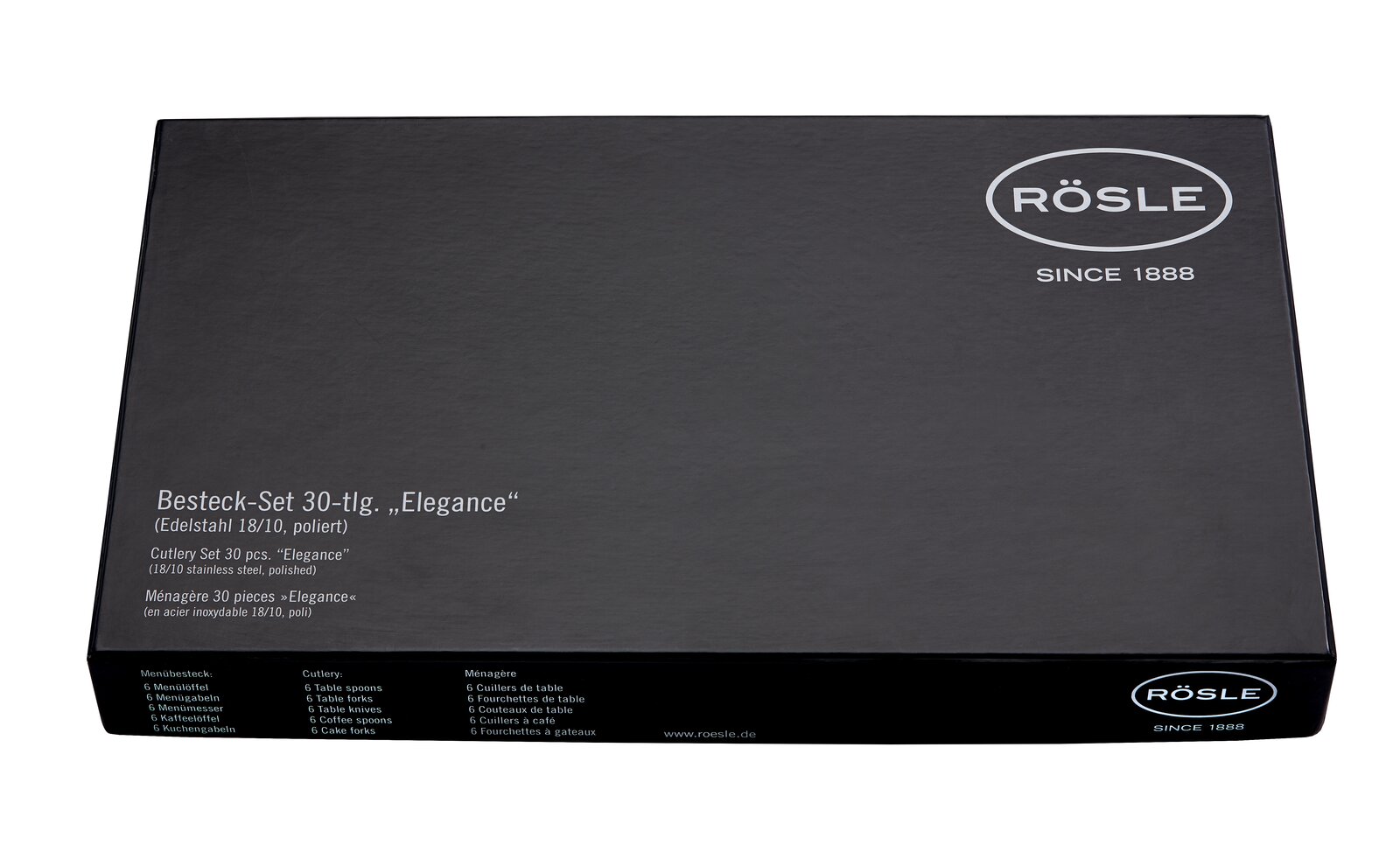 Schwarze Verpackung des Besteck-Sets 'Elegance' von Rösle, 30-teilig, aus poliertem Edelstahl 18/10, Draufsicht