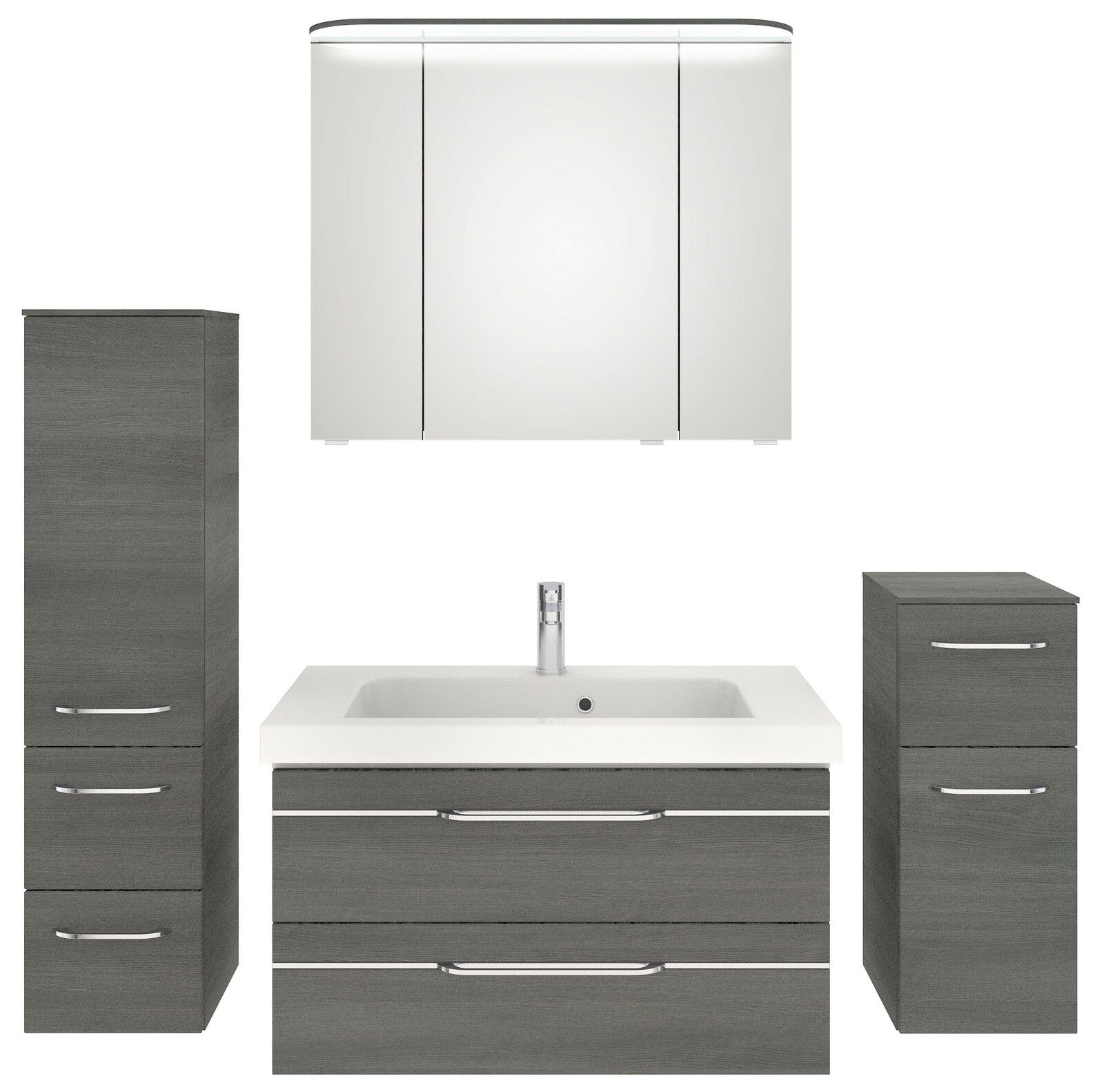 Pelipal Badblok BALTO SPRINT Badezimmermöbel-Set in grauer Holzoptik mit Waschbeckenunterschrank, Spiegelschrank und zwei Hochschränken, frontale Ansicht
