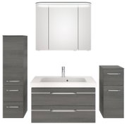 Badezimmermöbel-Set in grauer Holzoptik mit Waschbeckenunterschrank, Spiegelschrank und zwei Hochschränken, frontale Ansicht