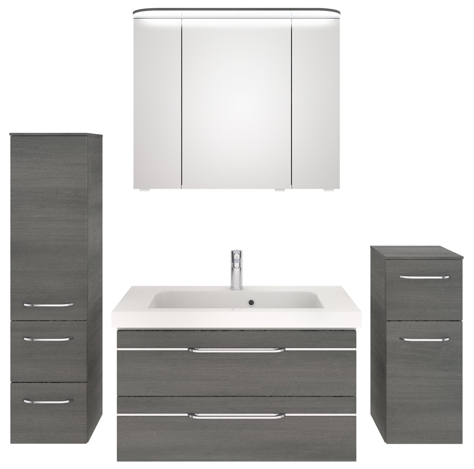 Badezimmermöbel-Set in grauer Holzoptik mit Waschbeckenunterschrank, Spiegelschrank und zwei Hochschränken, frontale Ansicht