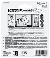 Rückseite der Verpackung von tesa Powerstrips Haken Small, zeigt Anweisungen zur Befestigung und Entfernung, geeignet für glatte Oberflächen, maximale Tragkraft 1 kg.