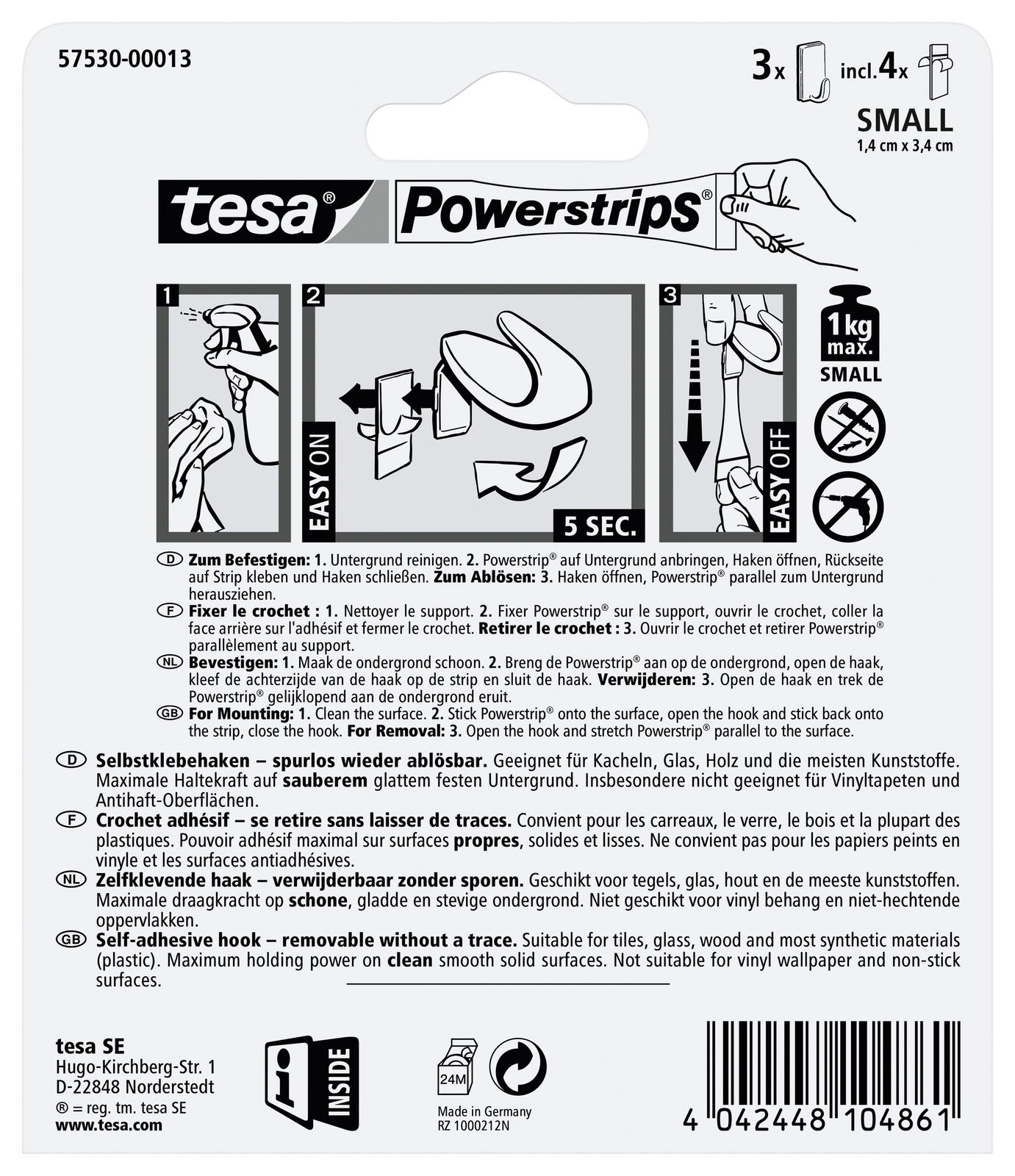Rückseite der Verpackung von tesa Powerstrips Haken Small, zeigt Anweisungen zur Befestigung und Entfernung, geeignet für glatte Oberflächen, maximale Tragkraft 1 kg.