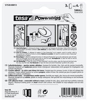 Rückseite der Verpackung von tesa Powerstrips Haken Small, zeigt Anweisungen zur Befestigung und Entfernung, geeignet für glatte Oberflächen, maximale Tragkraft 1 kg.
