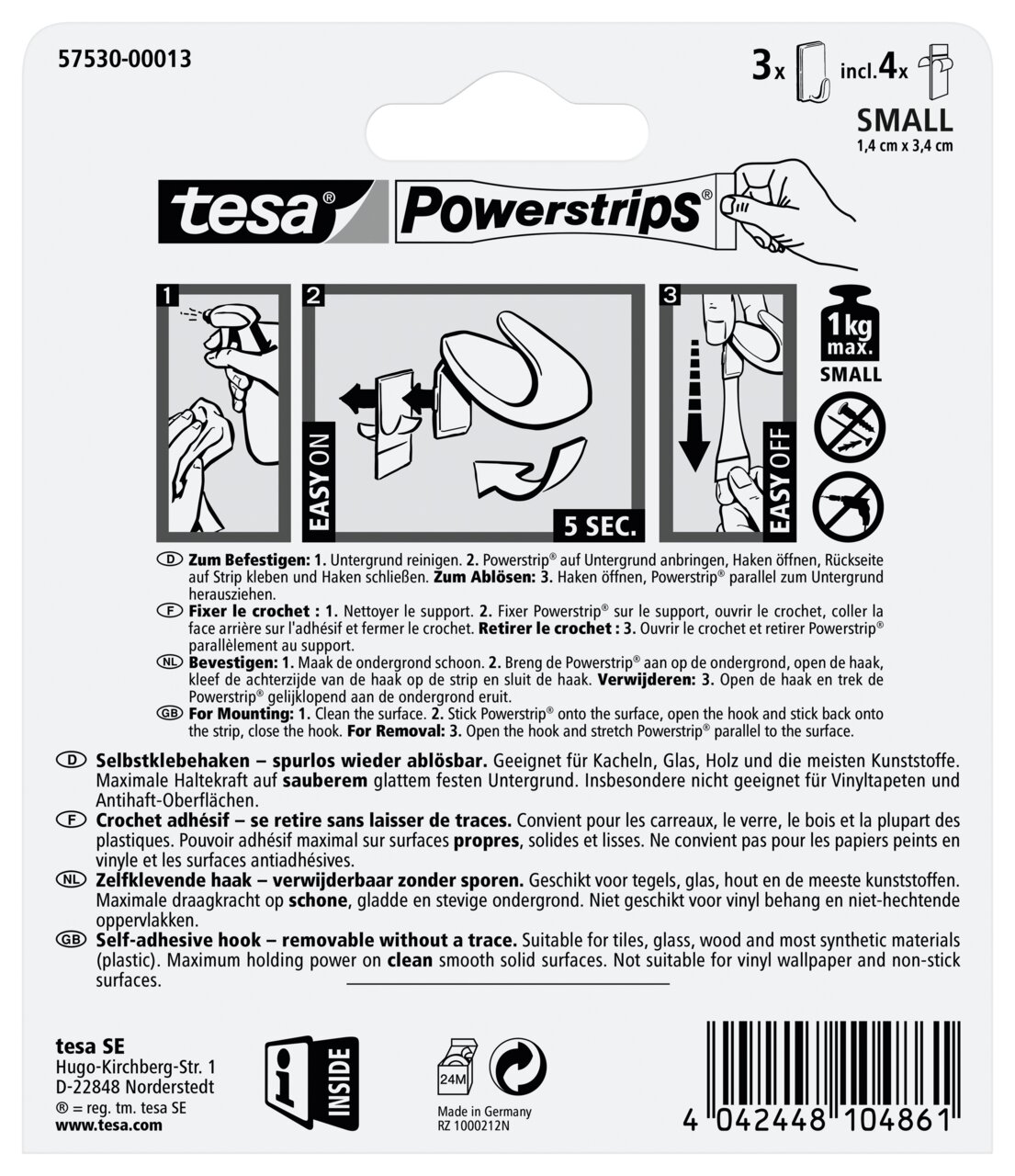 Achterkant van de verpakking van tesa Powerstrips Haken Small, met instructies voor het bevestigen en verwijderen, geschikt voor gladde oppervlakken, maximaal draagvermogen 1 kg.