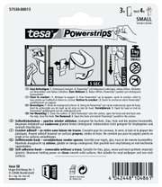Achterkant van de verpakking van tesa Powerstrips Haken Small, met instructies voor het bevestigen en verwijderen, geschikt voor gladde oppervlakken, maximaal draagvermogen 1 kg.