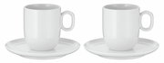 Zwei weiße WMF Barista Cafe Creme Tassen mit Untertassen, frontal betrachtet.