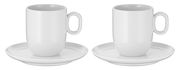 Zwei weiße WMF Barista Cafe Creme Tassen mit Untertassen, frontal betrachtet.