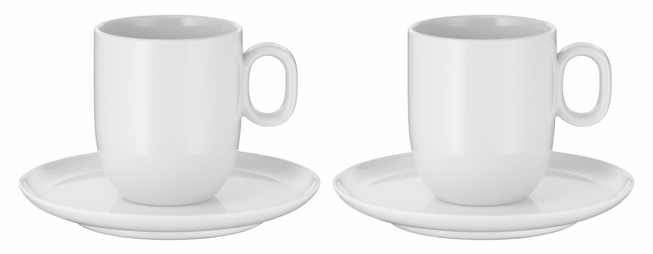 Zwei weiße WMF Barista Cafe Creme Tassen mit Untertassen, frontal betrachtet.