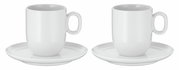 Zwei weiße WMF Barista Cafe Creme Tassen mit Untertassen, frontal betrachtet.