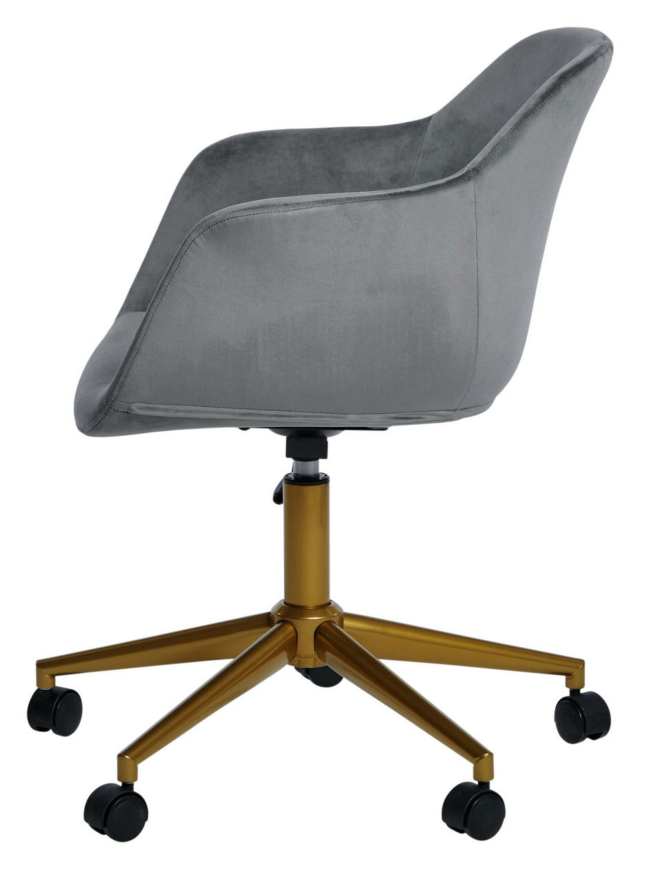 Grauer Bürostuhl mit goldener Basis, seitliche Perspektive