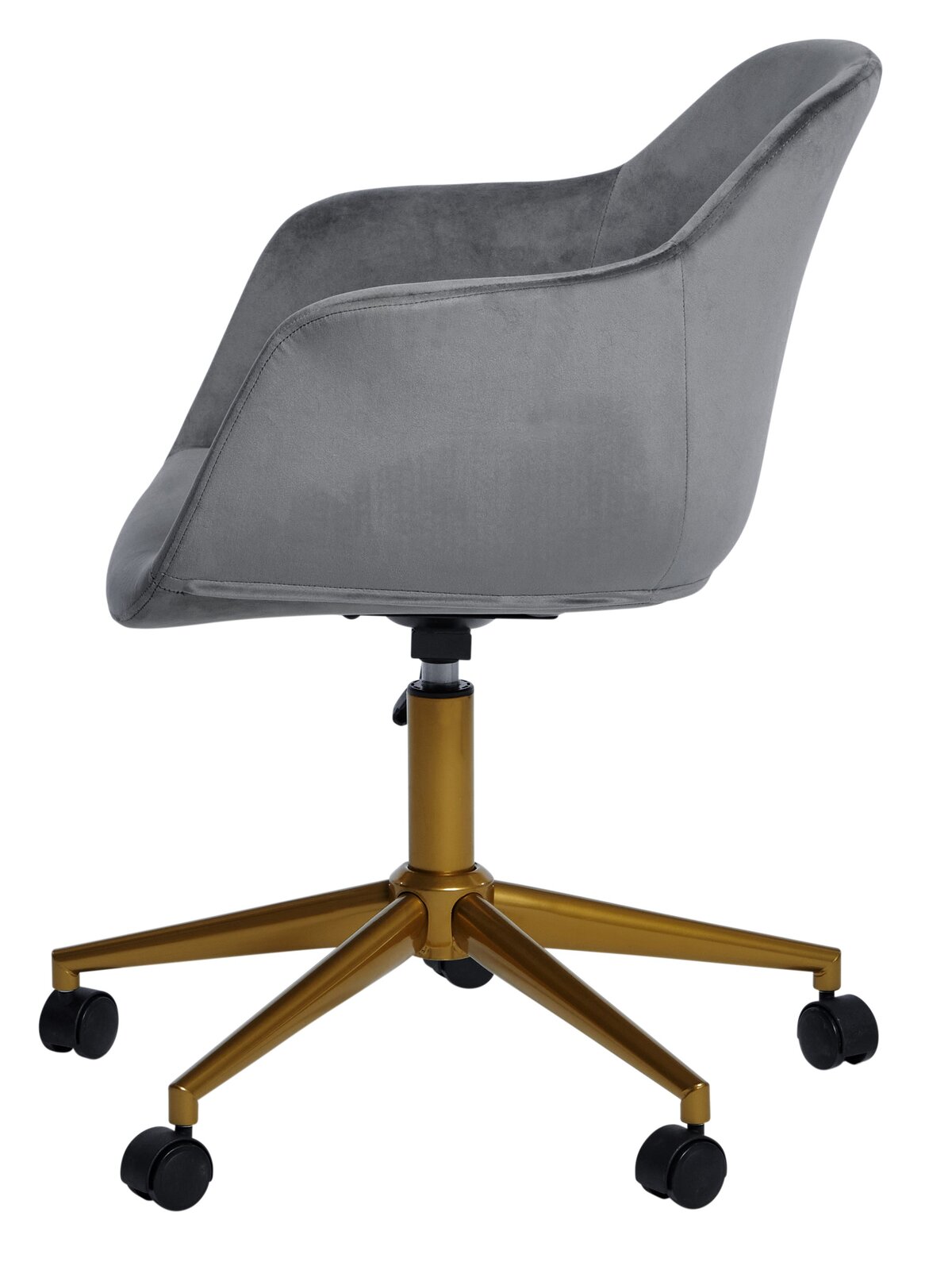 Grauer Bürostuhl mit goldener Basis, seitliche Perspektive