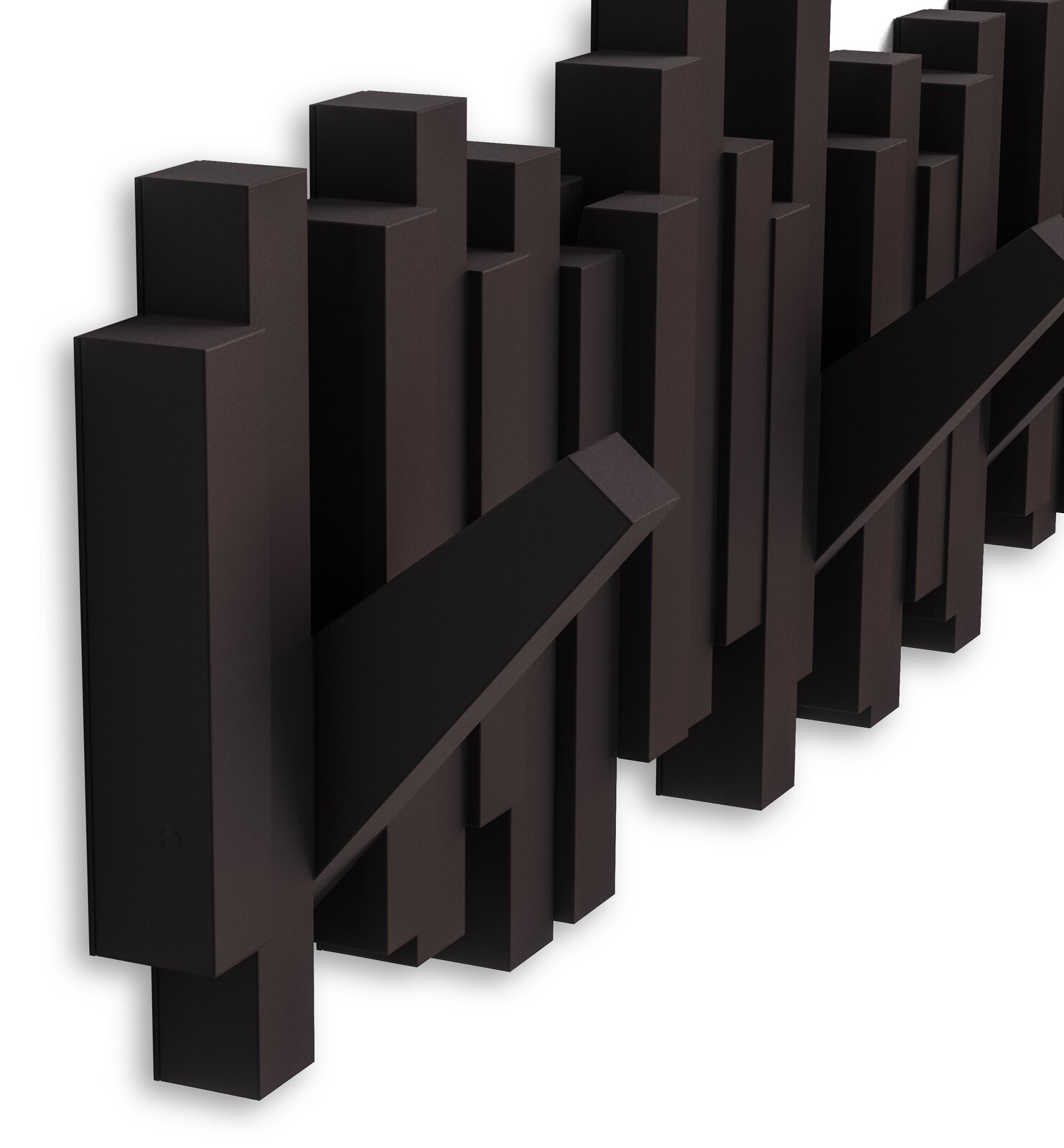 Moderne Wandgarderobe in dunklem Design mit geometrischen Formen, seitliche Perspektive