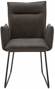 Moderner Sessel mit dunklem Stoffbezug und Metallgestell, Frontalansicht
