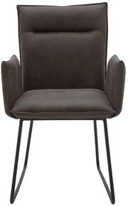 Moderner Sessel mit dunklem Stoffbezug und Metallgestell, Frontalansicht
