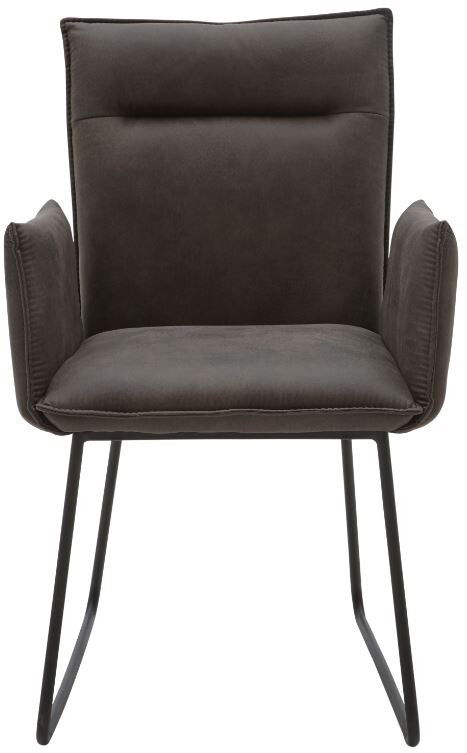 Moderner Sessel mit dunklem Stoffbezug und Metallgestell, Frontalansicht