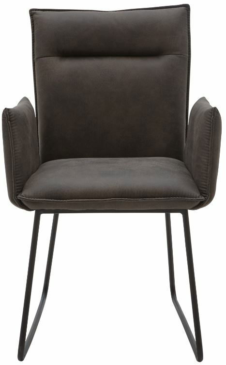 Moderner Sessel mit dunklem Stoffbezug und Metallgestell, Frontalansicht