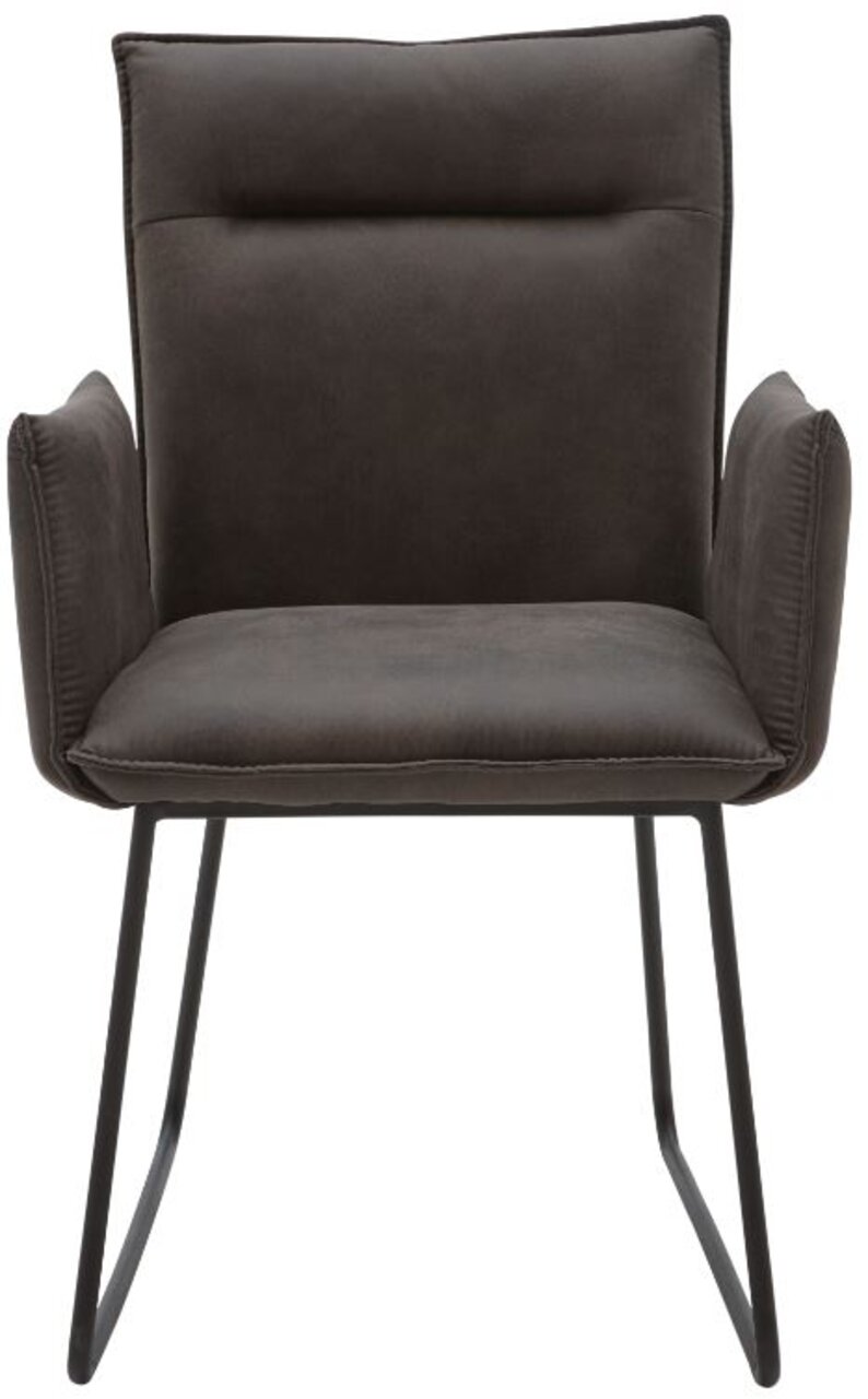 Moderner Sessel mit dunklem Stoffbezug und Metallgestell, Frontalansicht