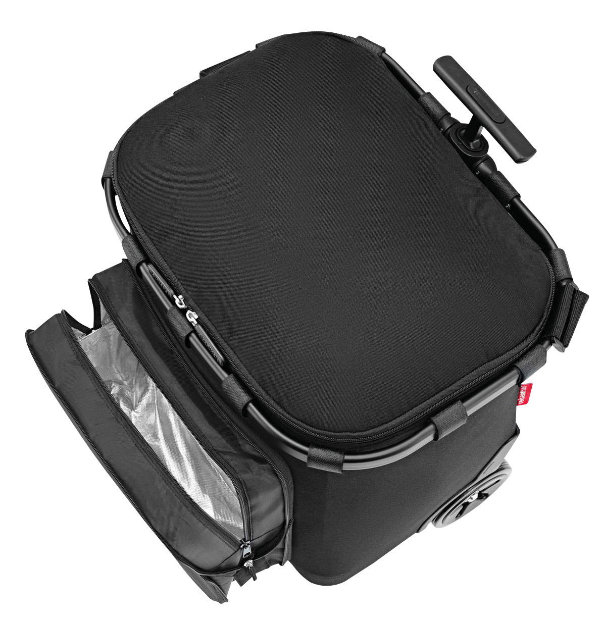 Schwarzer Carrycruiser Plus mit geöffnetem Frontfach, Draufsicht