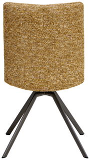 Rückansicht eines modernen Stuhls mit senfgelbem Stoffbezug und schwarzen Metallbeinen.