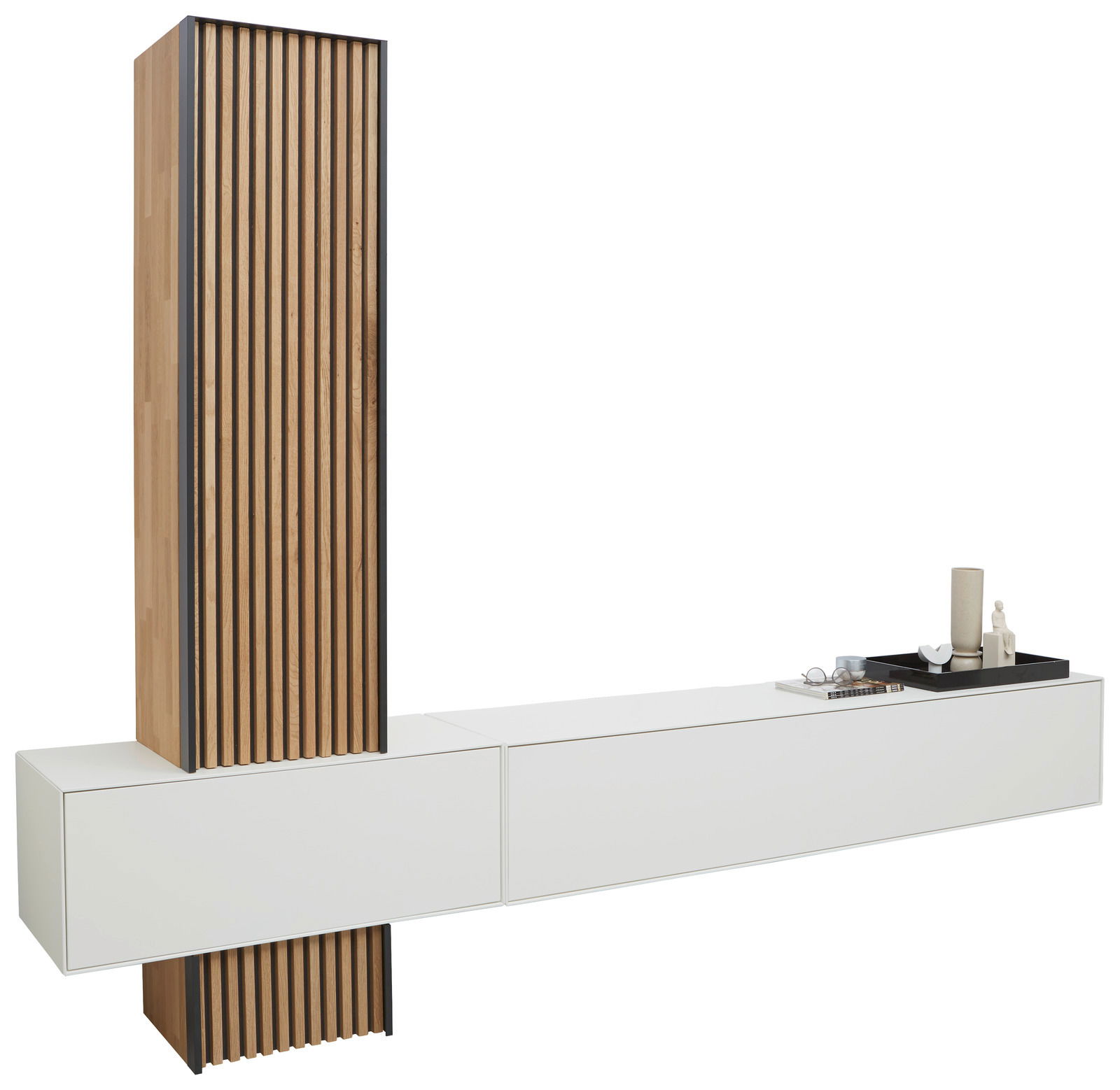 Johann Jakob Wandkombination LUCIANO Moderne Wandkombination mit vertikalen Holzlamellen und weißen Schubladen, seitliche Perspektive