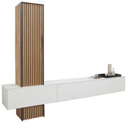 Moderne Wandkombination mit vertikalen Holzlamellen und weißen Schubladen, seitliche Perspektive