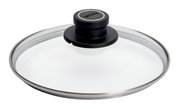 Sicherheitsglasdeckel mit schwarzem Griff, seitliche Perspektive