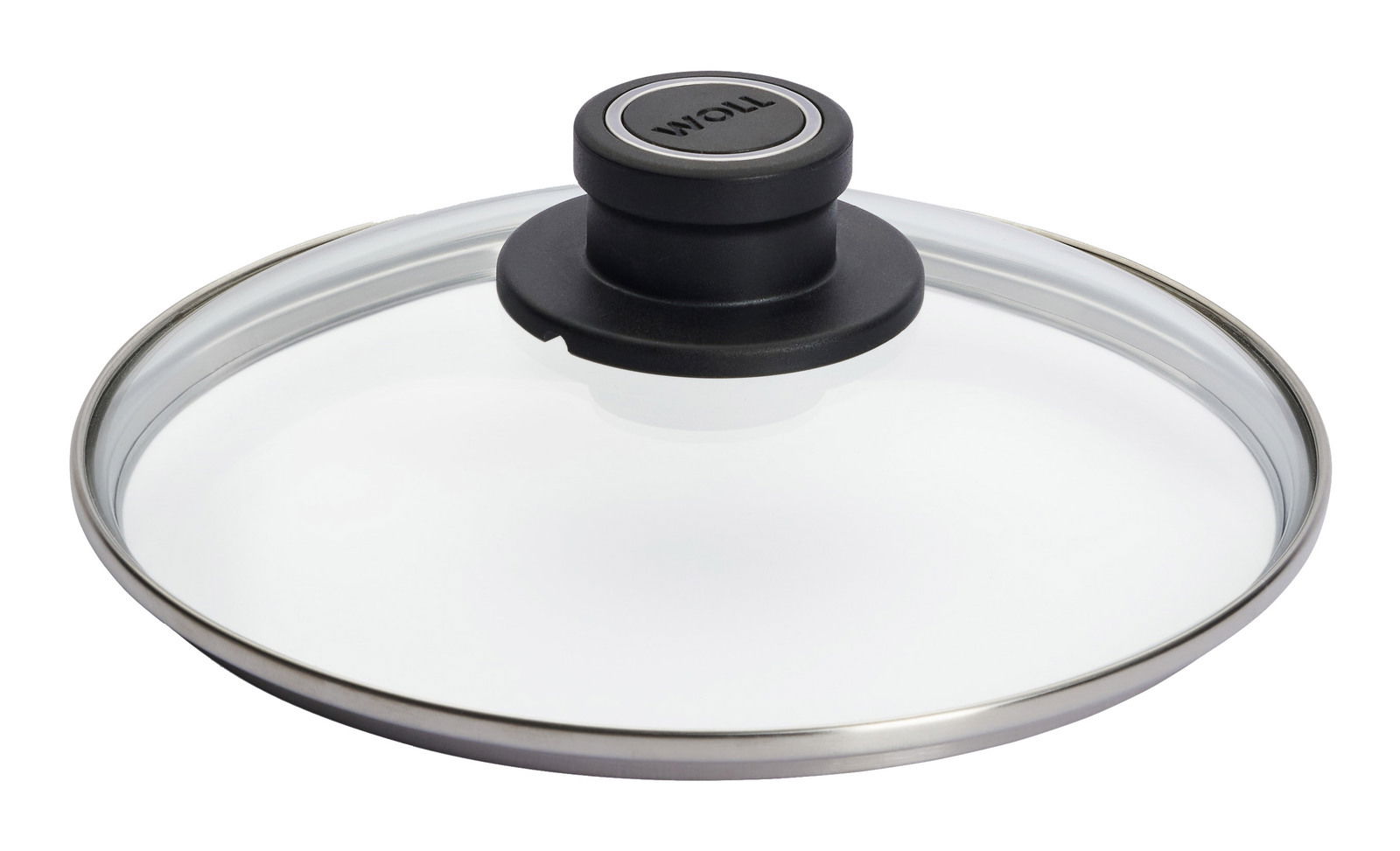 Woll Sicherheitsglasdeckel Ø 20 cm Sicherheitsglasdeckel mit schwarzem Griff, seitliche Perspektive