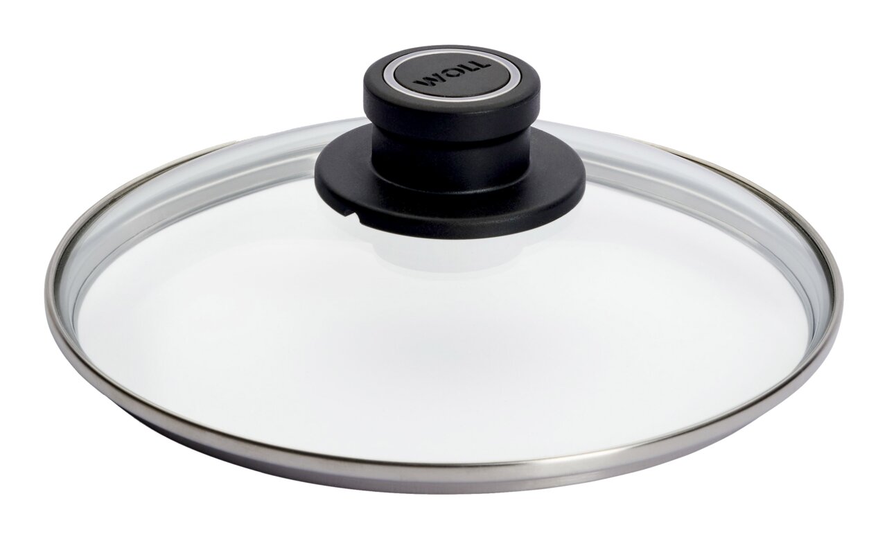 Sicherheitsglasdeckel mit schwarzem Griff, seitliche Perspektive