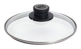 Sicherheitsglasdeckel mit schwarzem Griff, seitliche Perspektive