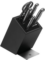 Schwarzer Messerblock mit mehreren Messern und einer Schere, seitliche Perspektive