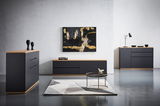 Moderne Wohnzimmermöbel in dunklem Grau mit Holzoberflächen, bestehend aus einem Sideboard, einem TV-Lowboard und einer Kommode, aus der Frontalperspektive fotografiert.
