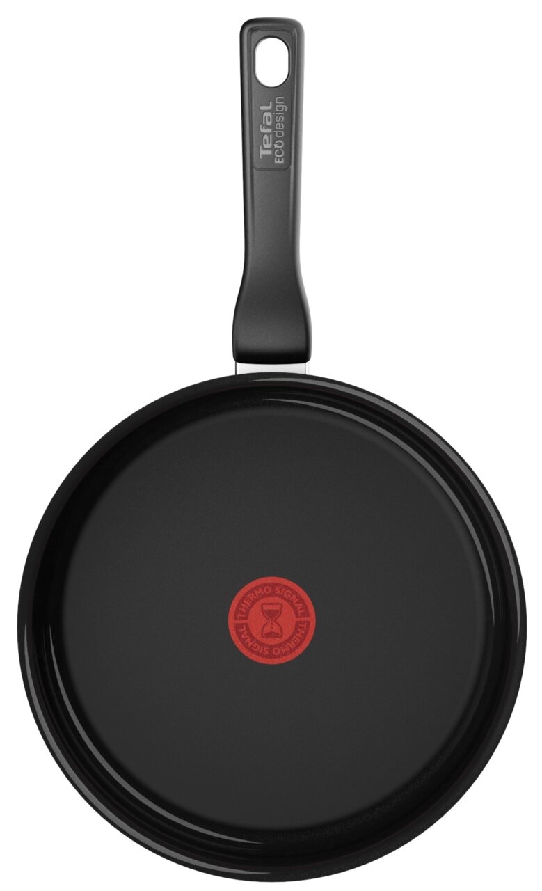 Keramik-Schmorpfanne mit schwarzem Griff und rotem Thermo-Signal, Draufsicht