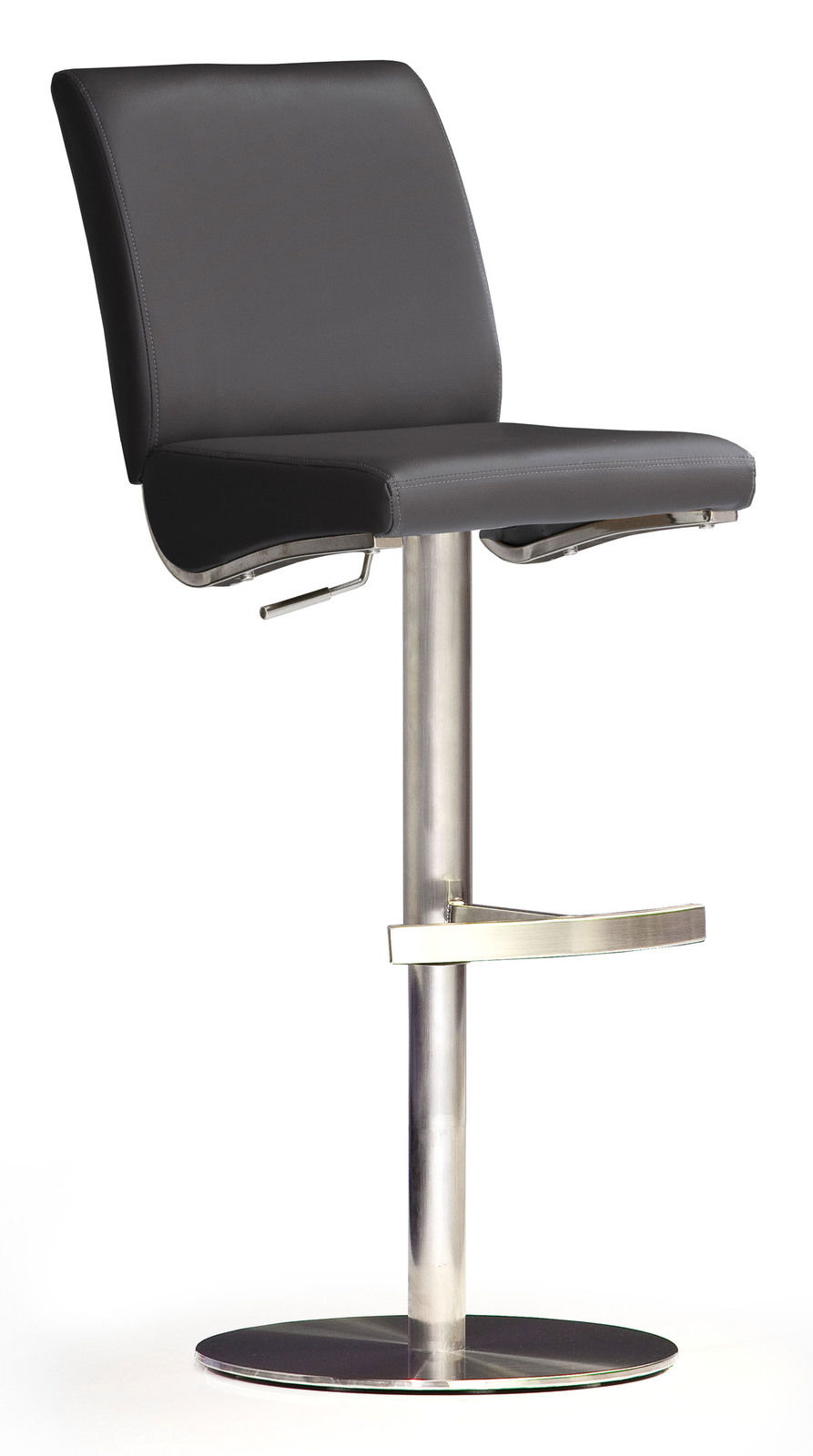 Novel Barhocker BARBECOOL Moderner Barhocker mit schwarzem Sitz und Rückenlehne aus Leder, verstellbarer Höhe und verchromtem Fußgestell, seitliche Perspektive