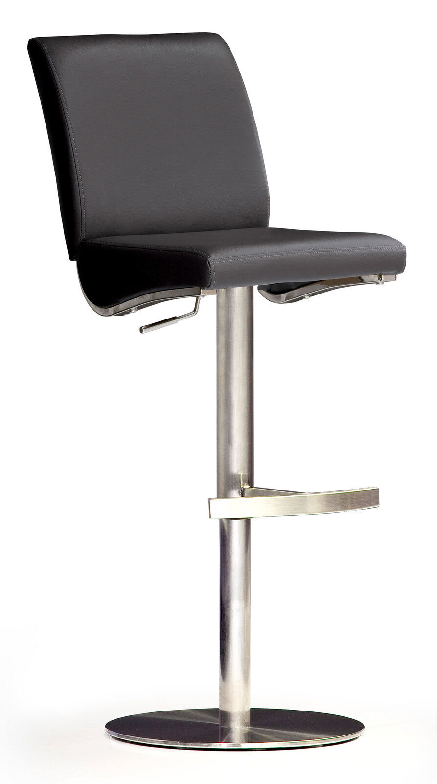 Novel Barhocker BARBECOOL Moderner Barhocker mit schwarzem Sitz und Rückenlehne aus Leder, verstellbarer Höhe und verchromtem Fußgestell, seitliche Perspektive