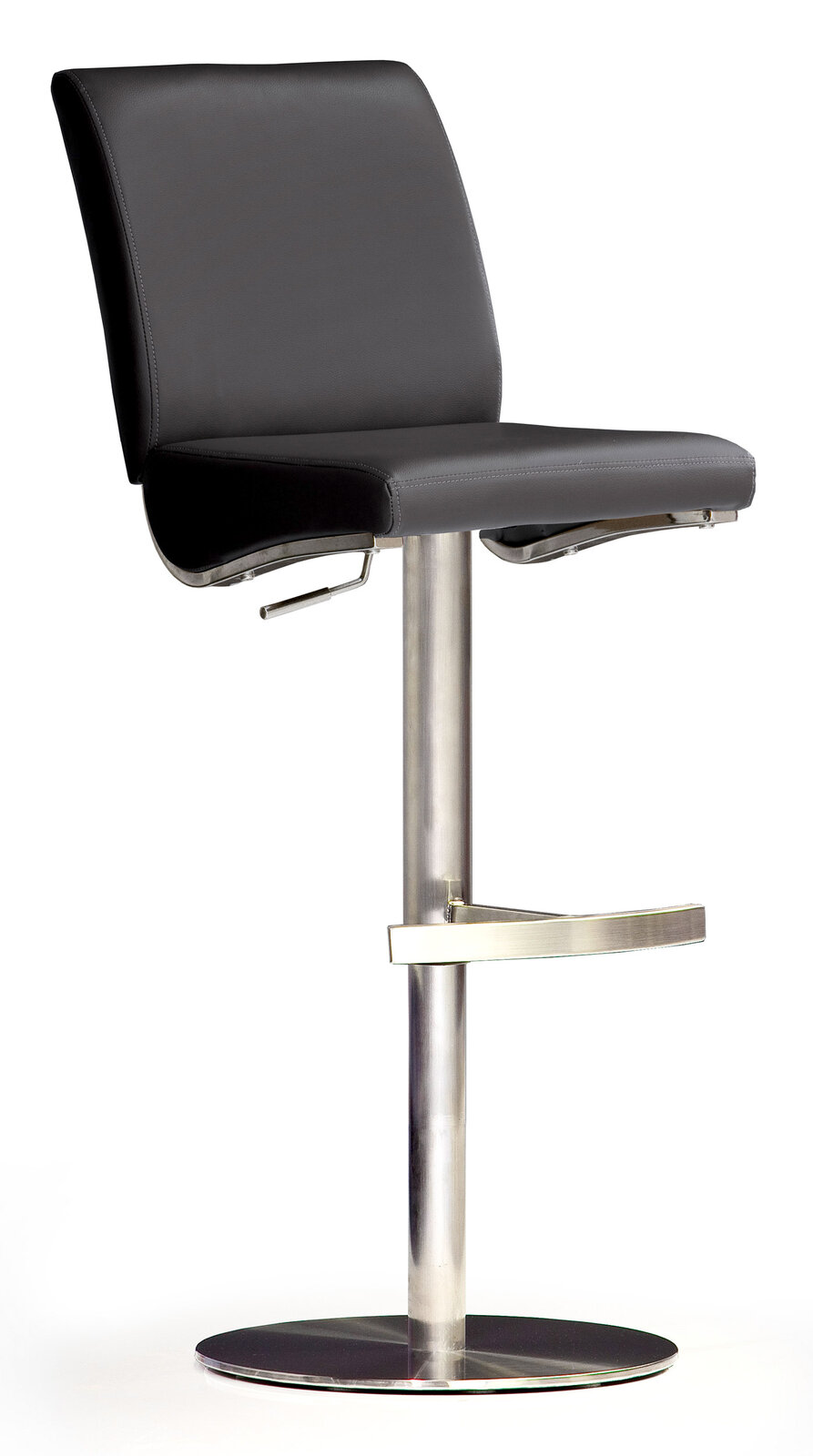 Moderner Barhocker mit schwarzem Sitz und Rückenlehne aus Leder, verstellbarer Höhe und verchromtem Fußgestell, seitliche Perspektive