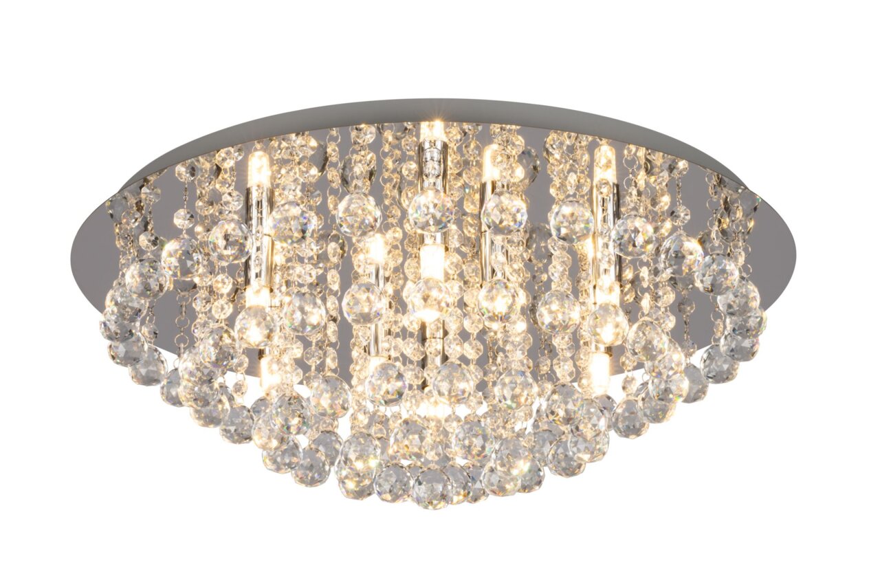 Novel Deckenleuchte Elegante Deckenleuchte mit funkelnden Kristallanhängern, seitliche Perspektive