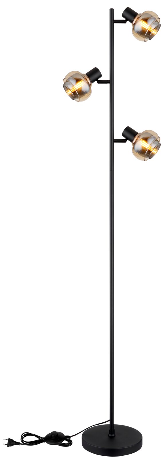 Moderne Stehleuchte mit drei verstellbaren Lampenschirmen in seitlicher Perspektive