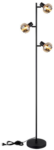 Moderne Stehleuchte mit drei verstellbaren Lampenschirmen in seitlicher Perspektive