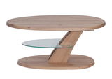 Moderner Couchtisch aus Holz mit ovaler Glasablage, seitliche Perspektive