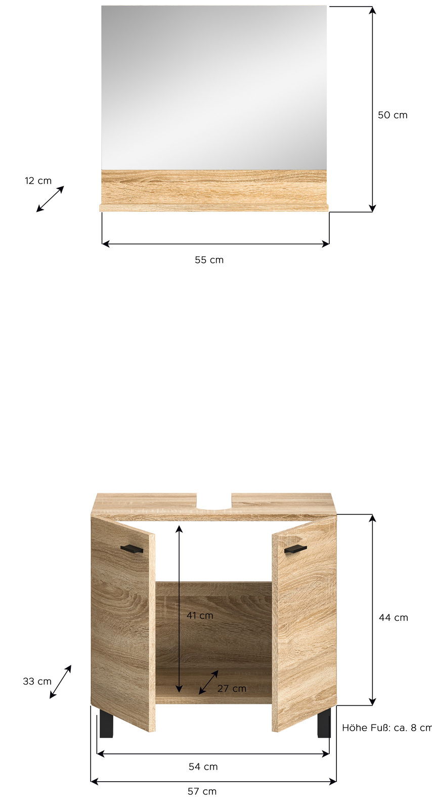 Waschbeckenunterschrank aus Holz mit zwei Türen, schwarzem Griff und offenen Füßen, Frontansicht.