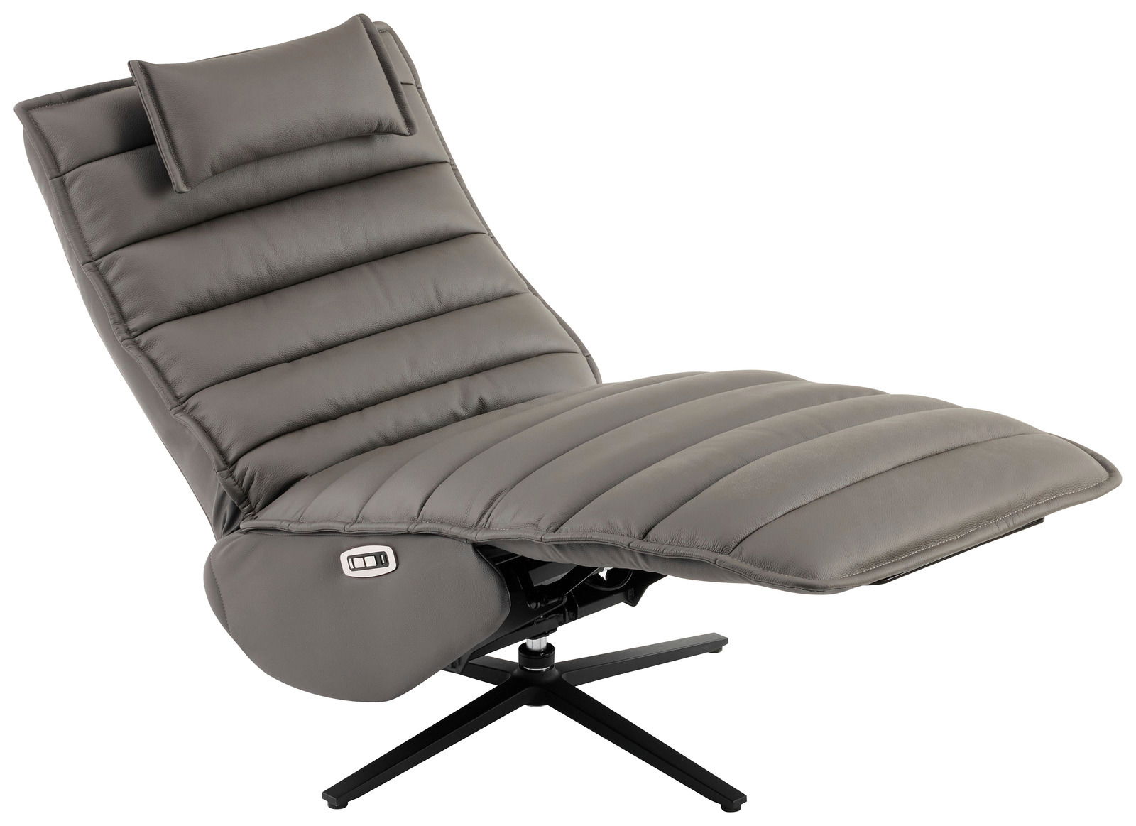 Graue Relaxliege mit gepolstertem Design und verstellbarer Rückenlehne, seitliche Ansicht