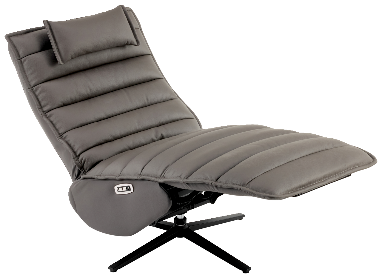 Graue Relaxliege mit gepolstertem Design und verstellbarer Rückenlehne, seitliche Ansicht