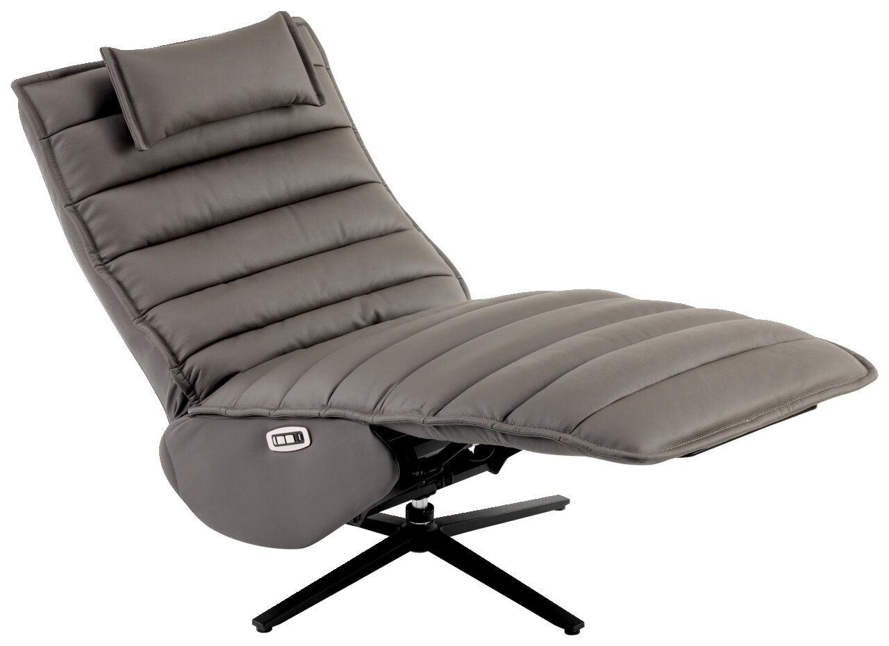 Graue Relaxliege mit gepolstertem Design und verstellbarer Rückenlehne, seitliche Ansicht