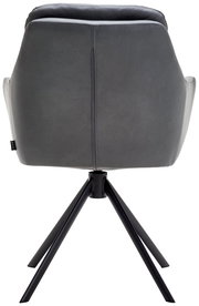 Rückansicht eines grauen Armlehnstuhls mit schwarzem Metallgestell, Modell ARUBA.